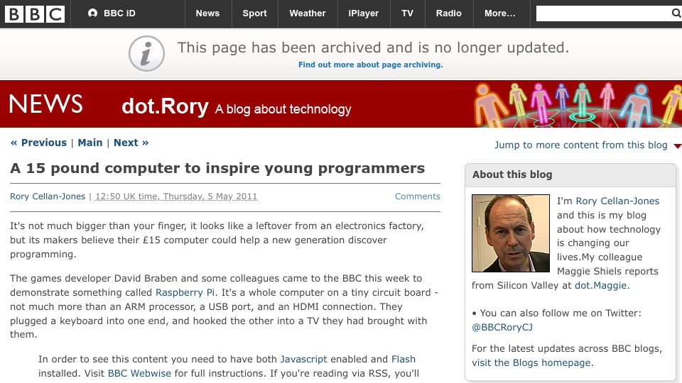 Screenshot of bbc.co.uk: A 15 pound computer to inspire young programmers (2011)