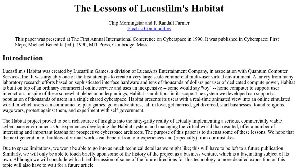 Screenshot of web.stanford.edu: The Lessons of Lucasfilm's Habitat (1990)