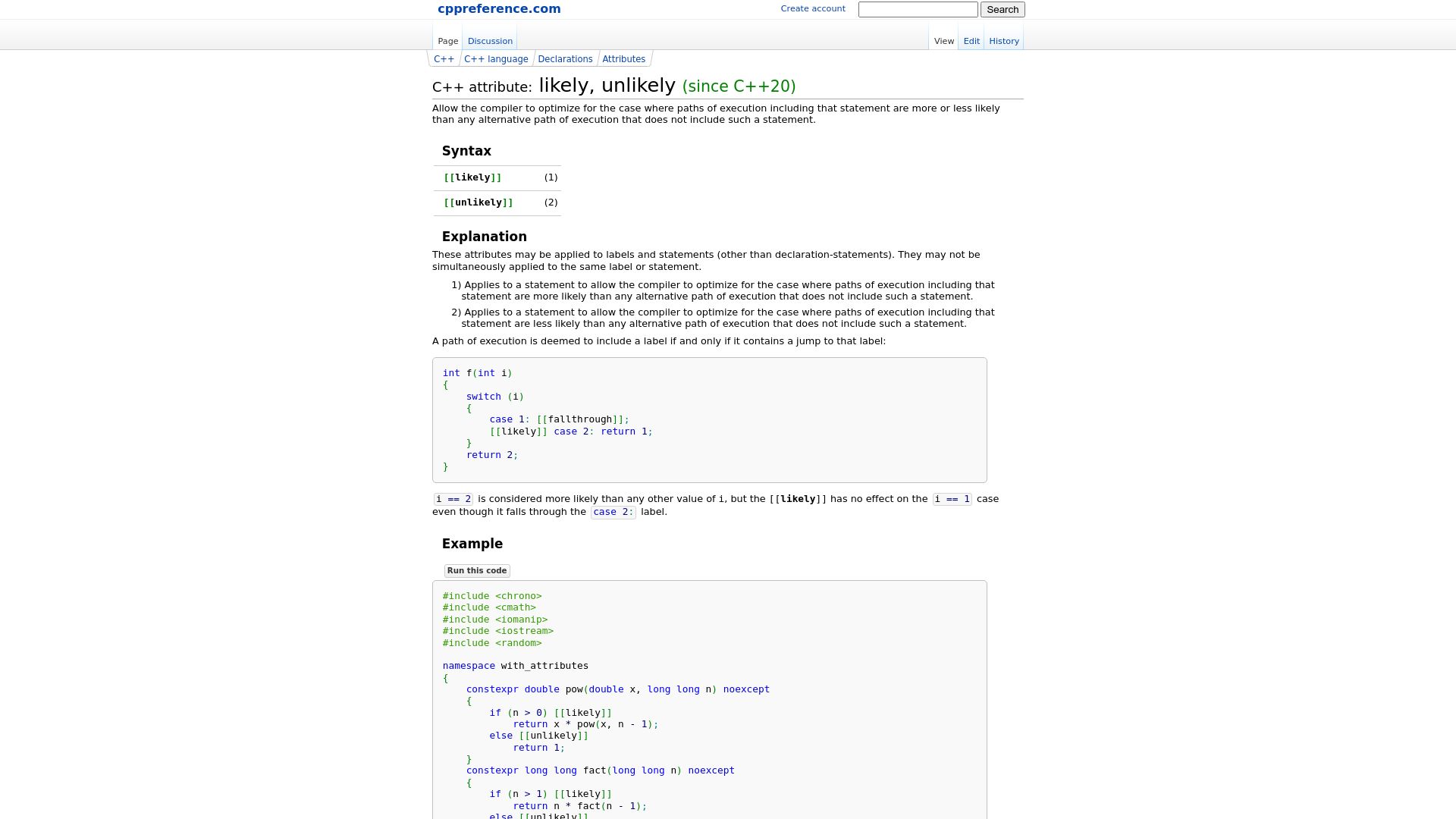 Screenshot of en.cppreference.com: C++ Attribute: Likely, Unlikely