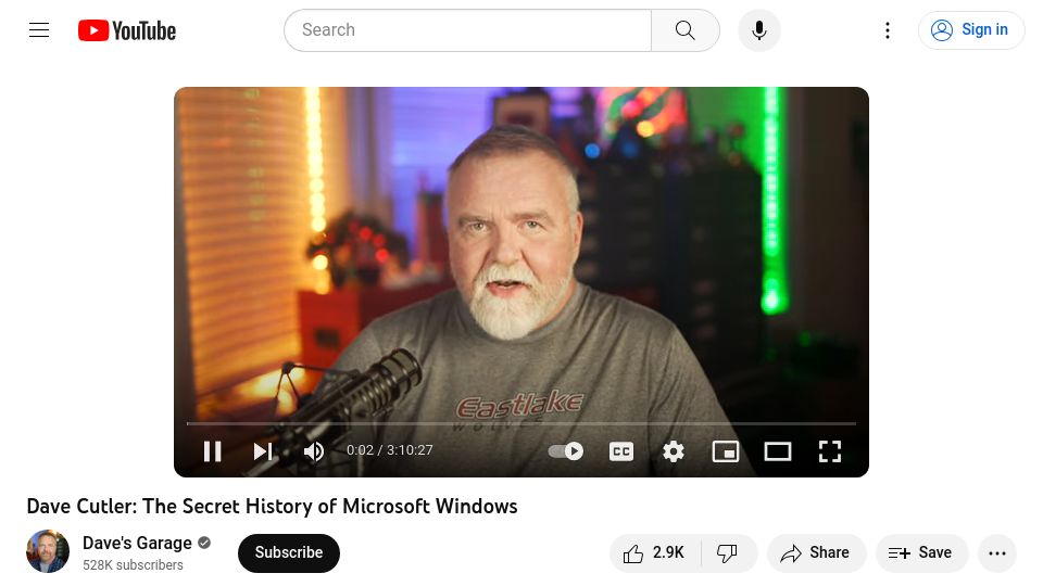 Screenshot of youtube.com: Dave Cutler on Windows [video]