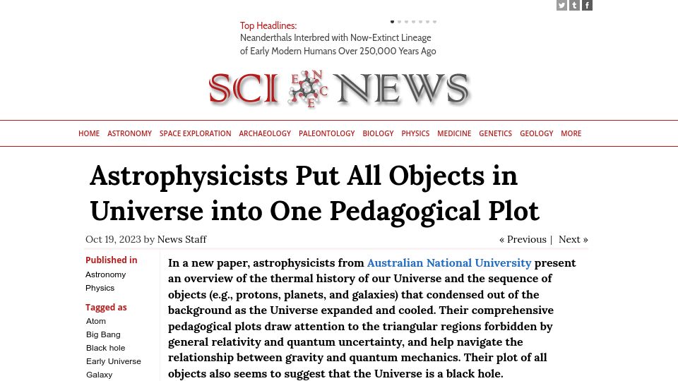 Screenshot of sci.news: Astrophysicists Put All Objects in Universe into One Pedagogical Plot