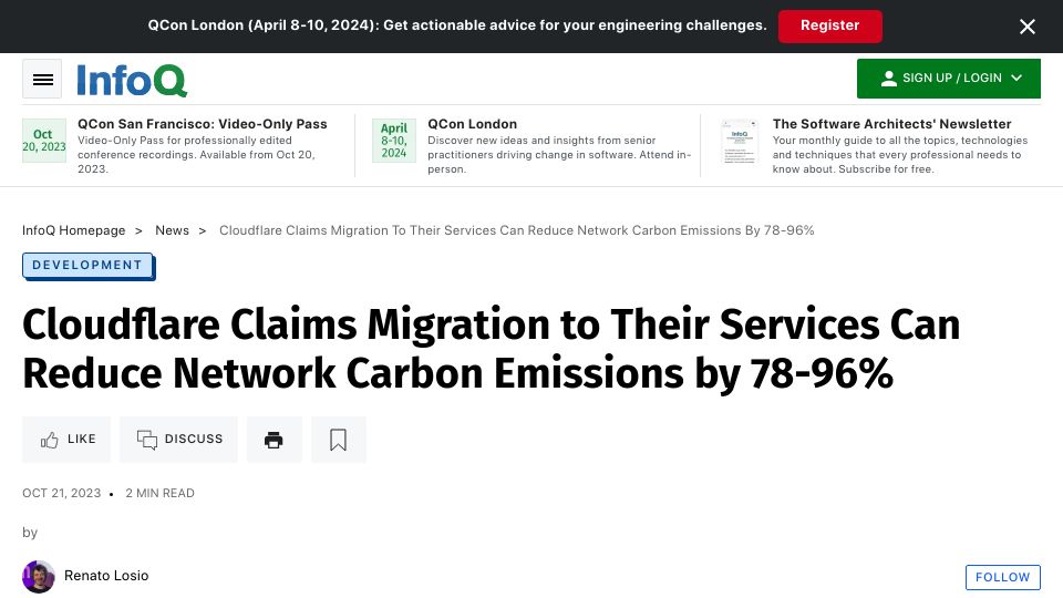 Screenshot of infoq.com: Cloudflare Claims Migration to Their Services Can Reduce Network CO2 by 78-96%