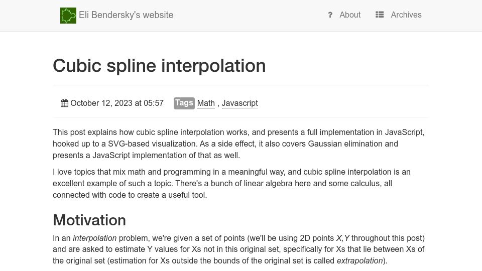 Screenshot of eli.thegreenplace.net: Cubic spline interpolation