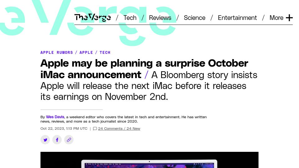 Screenshot of theverge.com: Apple may be planning a surprise October iMac announcement