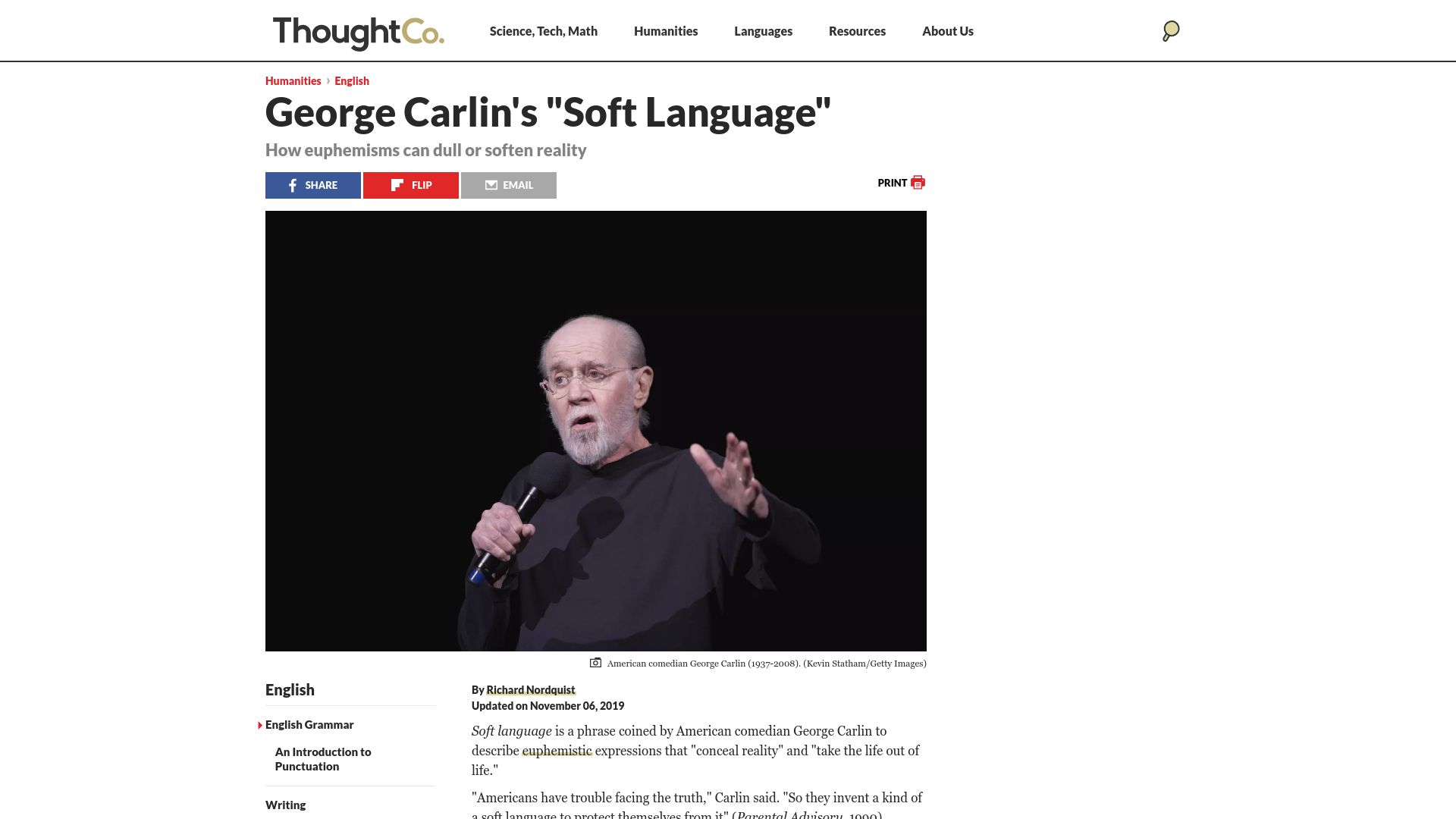 Screenshot of thoughtco.com: George Carlin's "Soft Language" (2019)
