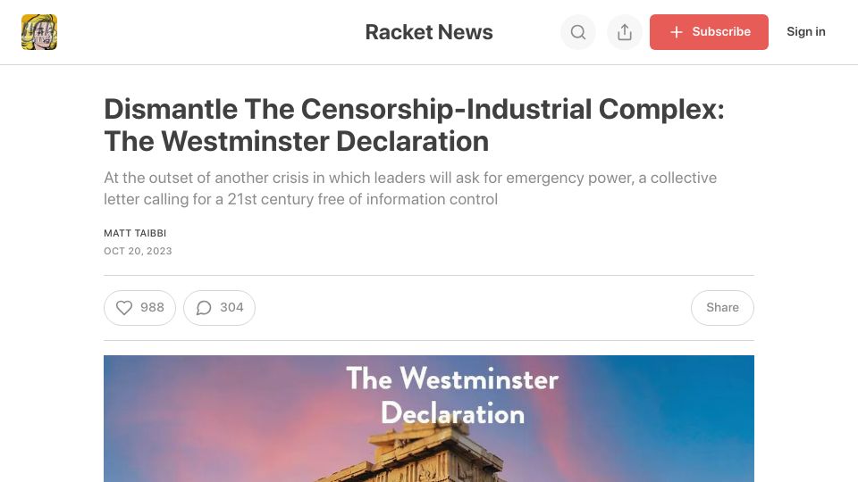 Screenshot of racket.news: Dismantle the Censorship-Industrial Complex: The Westminster Declaration