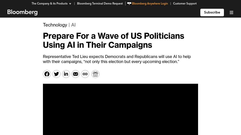 Screenshot of bloomberg.com: Prepare for a wave of US politicians to use AI in their campaigns