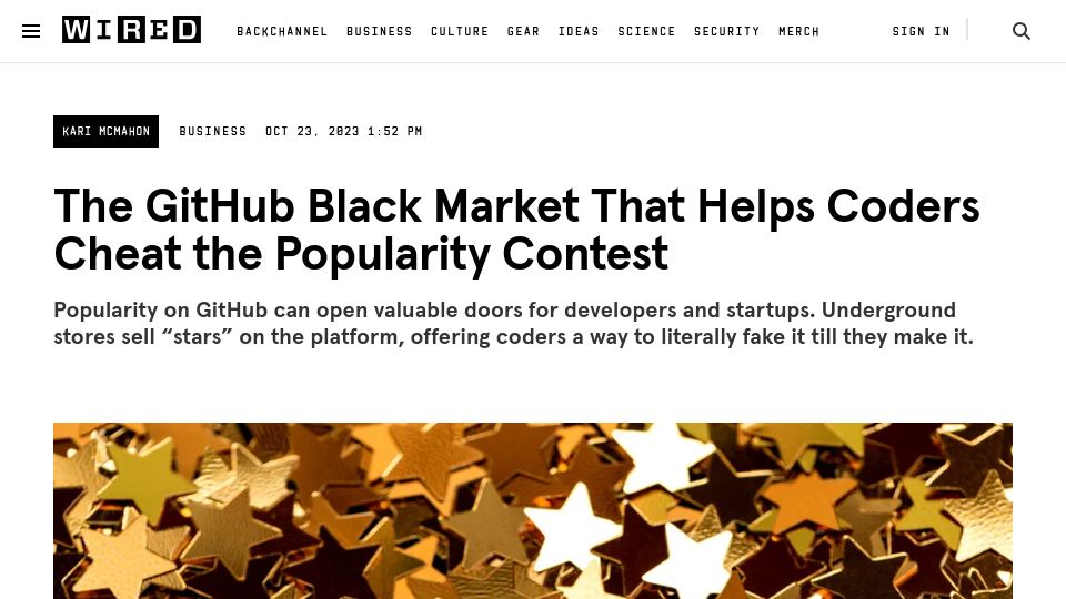 Screenshot of wired.com: The black market in GitHub stars