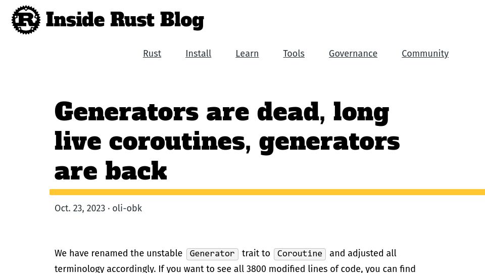 Screenshot of blog.rust-lang.org: Generators are dead, long live coroutines, generators are back