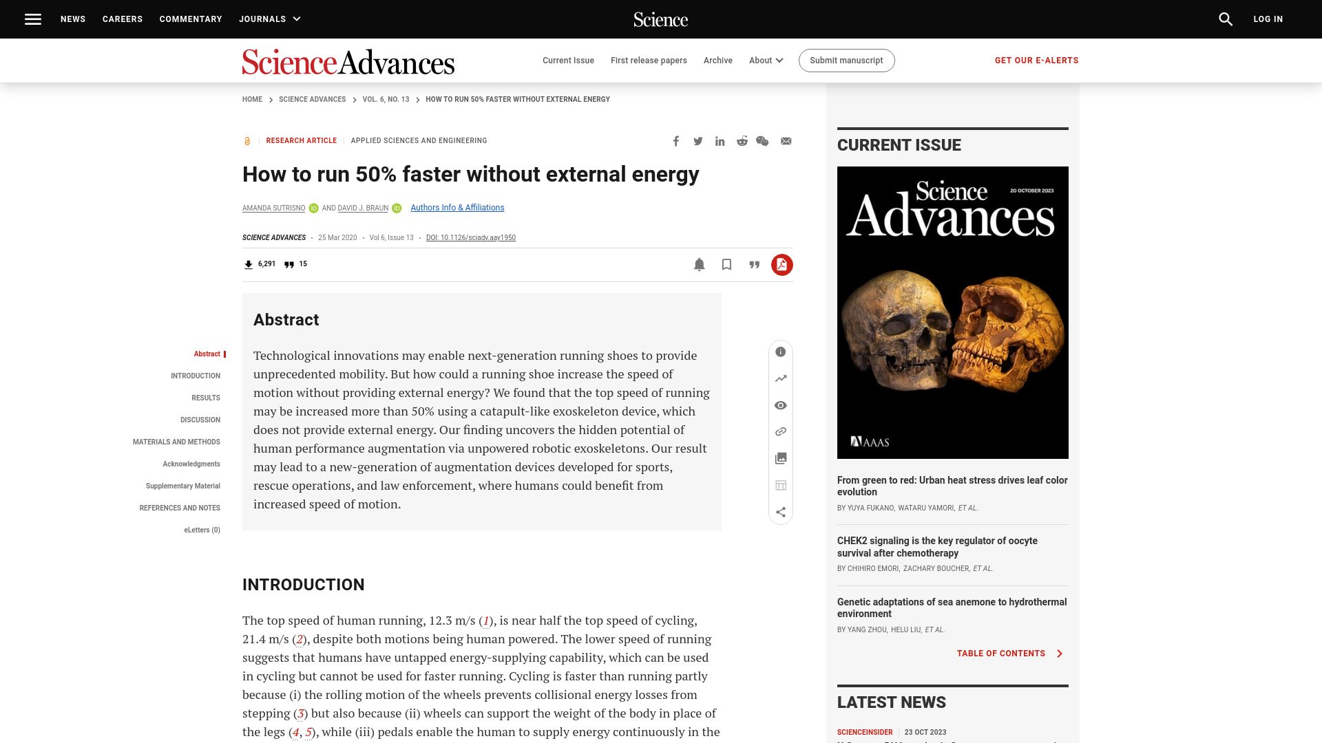 Screenshot of science.org: How to run 50% faster without external energy (2020)
