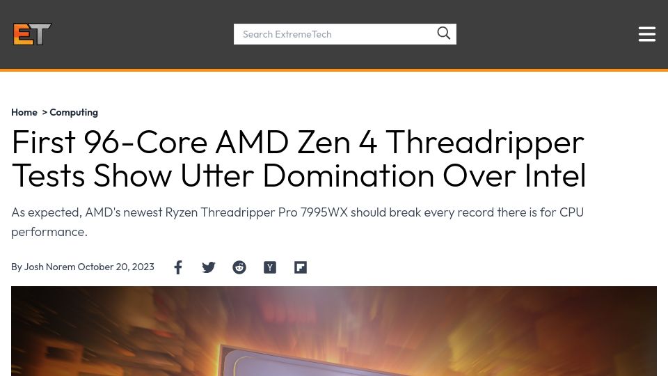 Screenshot of extremetech.com: First 96-Core AMD Zen 4 Threadripper Tests Show Utter Domination over Intel