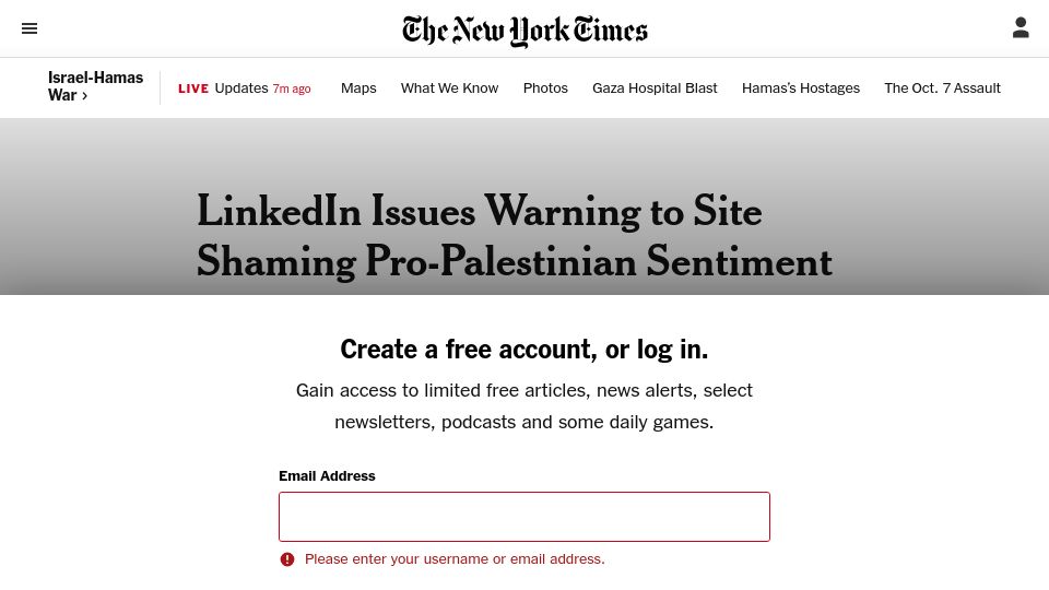 Screenshot of nytimes.com: LinkedIn Issues Warning to Site Shaming Pro-Palestinian Sentiment