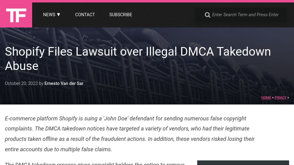 Screenshot of torrentfreak.com: Shopify files lawsuit over DMCA abuse