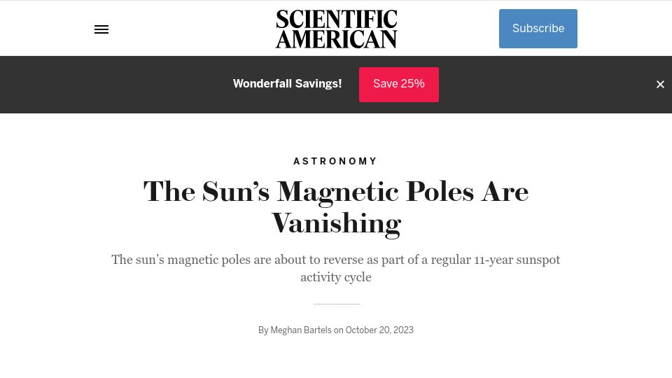 Screenshot of scientificamerican.com: The Sun's Magnetic Poles Are Vanishing