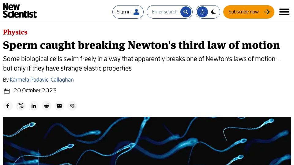 Screenshot of newscientist.com: Sperm caught breaking Newton's third law of motion