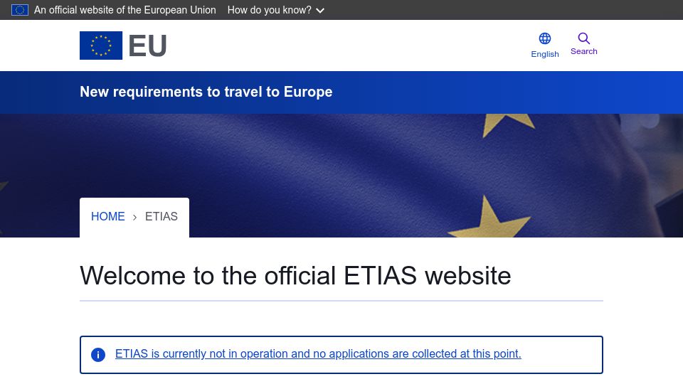 Screenshot of travel-europe.europa.eu: New Requirements to Travel to Europe