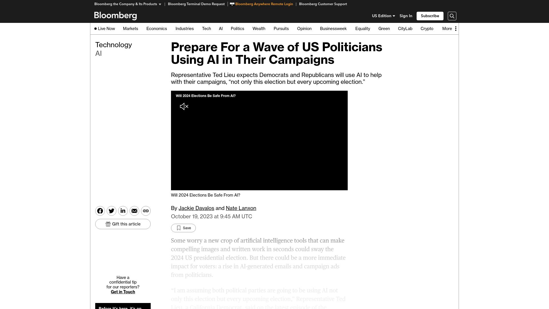 Screenshot of bloomberg.com: Prepare for a wave of US politicians to use AI in their campaigns