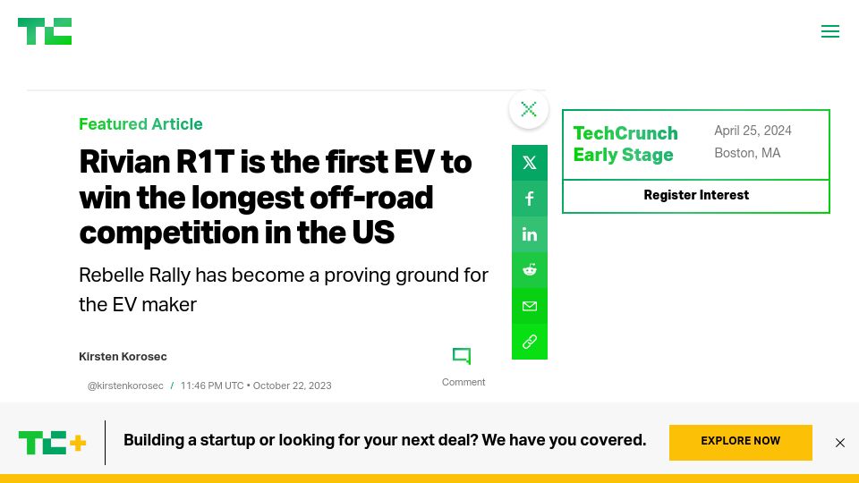 Screenshot of techcrunch.com: Rivian R1T is the first EV to win the longest off-road competition in the US