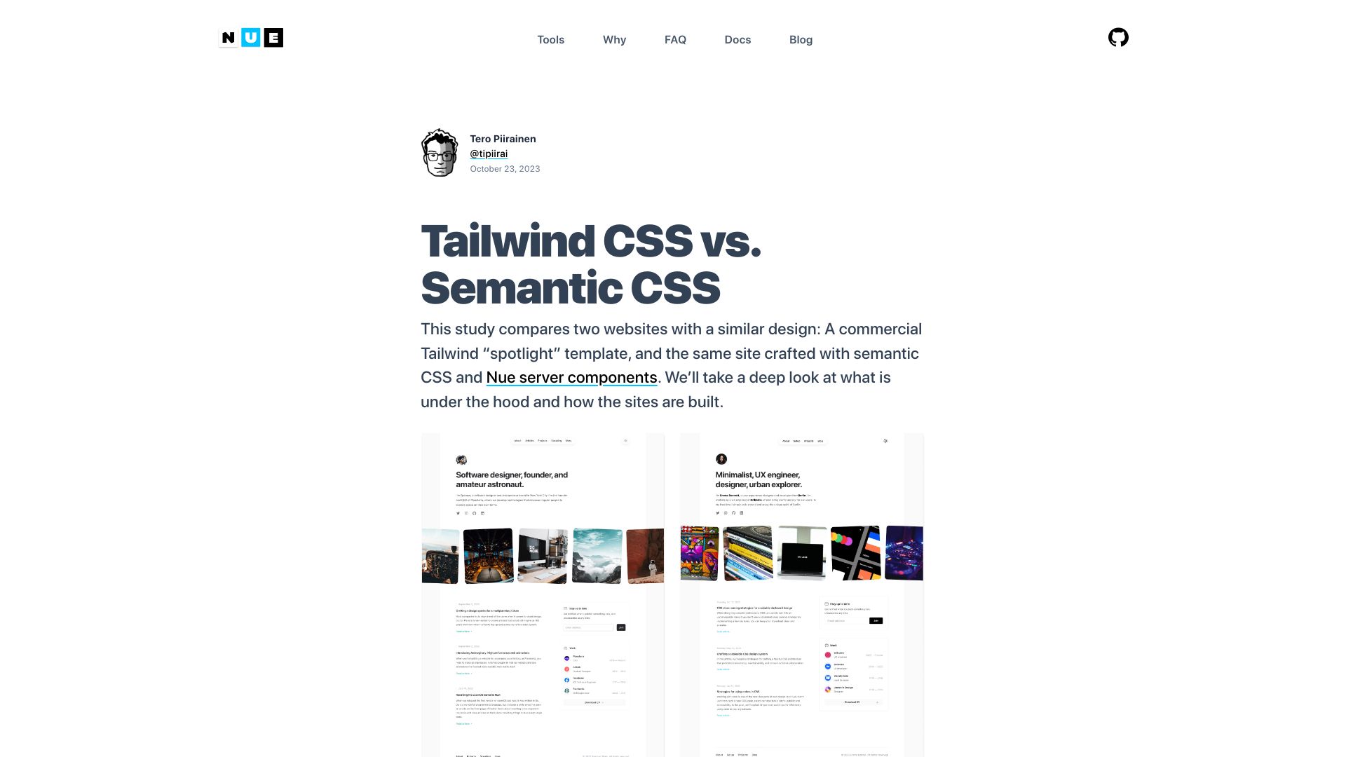 Screenshot of nuejs.org: Tailwind vs. Semantic CSS