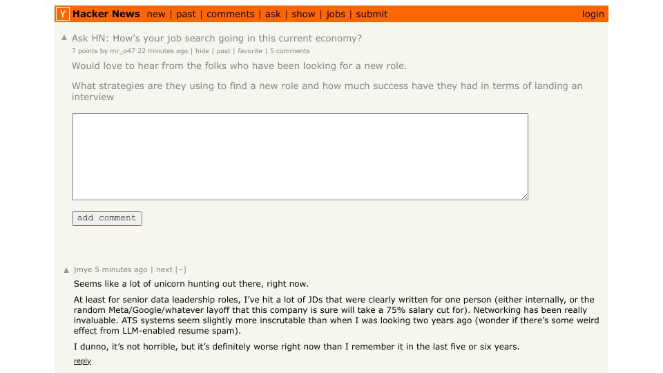 Screenshot of Hacker News post: Ask HN: How's your job search going in this current economy?