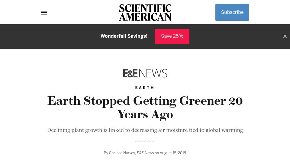 Screenshot of scientificamerican.com: Earth Stopped Getting Greener 20 Years Ago