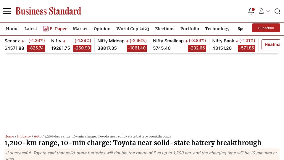 Screenshot of business-standard.com: 1,200-km range, 10-min charge: Toyota near solid-state battery breakthrough