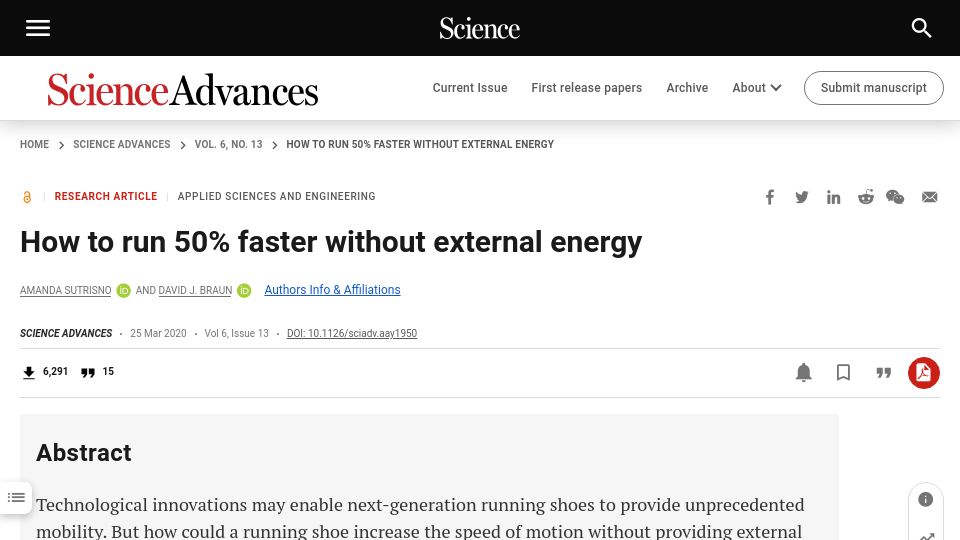 Screenshot of science.org: How to run 50% faster without external energy (2020)