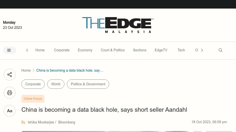 Screenshot of theedgemalaysia.com: China is becoming a data black hole, says short seller Aandahl