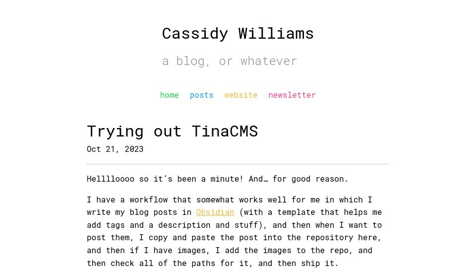 Screenshot of blog.cassidoo.co: Trying out TinaCMS