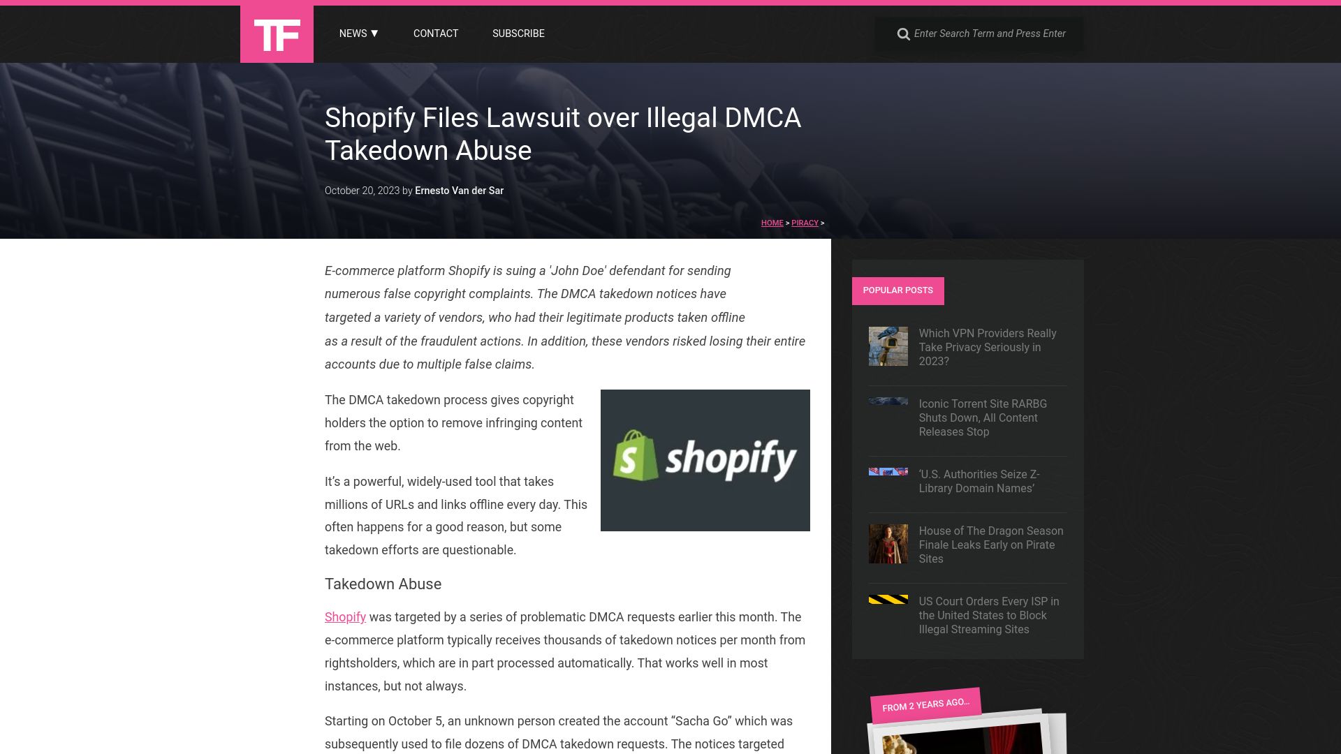 Screenshot of torrentfreak.com: Shopify files lawsuit over DMCA abuse