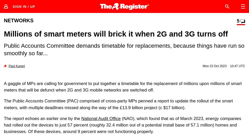 Screenshot of theregister.com: Millions of smart meters will brick it when 2G and 3G turns off