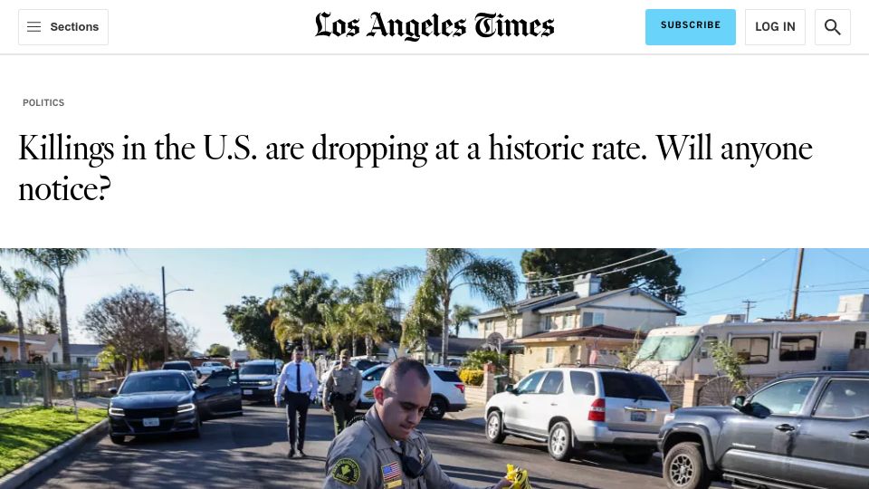 Screenshot of latimes.com: Killings in the U.S. are dropping at a historic rate