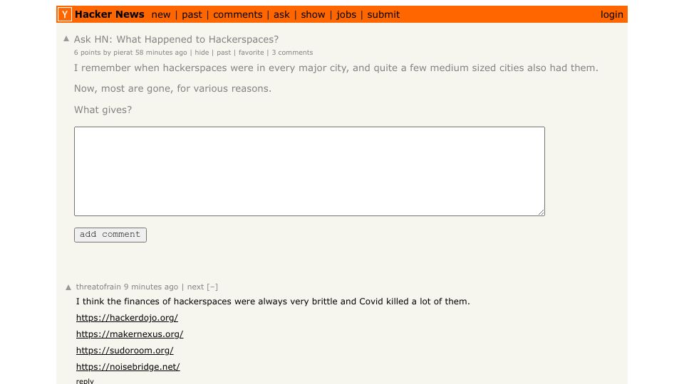 Screenshot of Hacker News post: Ask HN: What Happened to Hackerspaces?