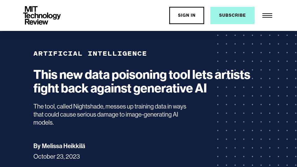 Screenshot of technologyreview.com: New data poisoning tool lets artists fight back against generative AI