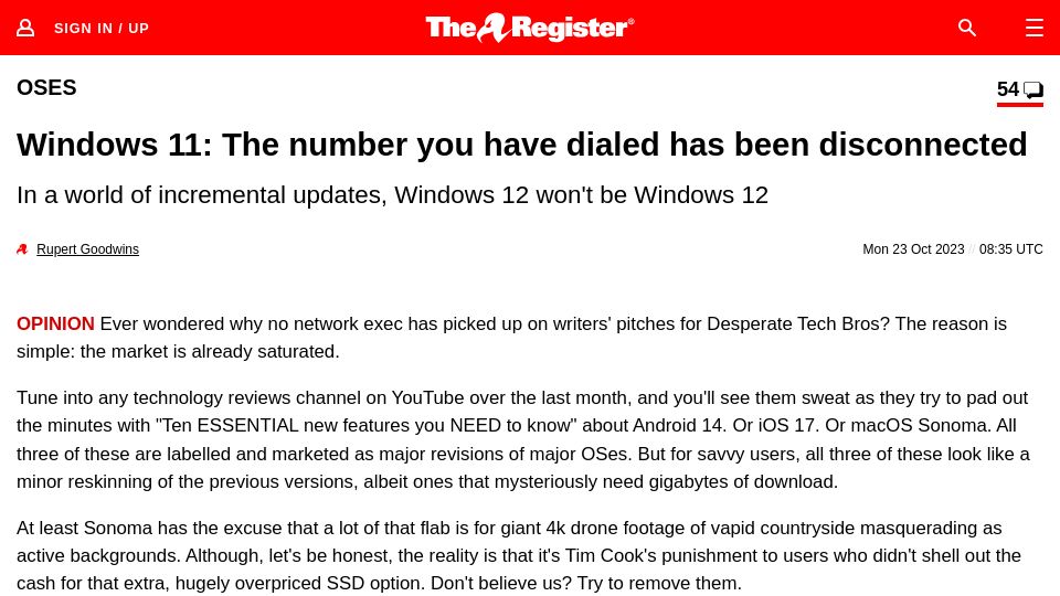 Screenshot of theregister.com: Windows 11: The number you have dialed has been disconnected