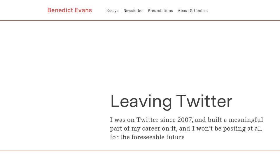 Screenshot of ben-evans.com: Leaving Twitter