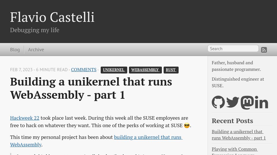 Screenshot of flavio.castelli.me: Building a unikernel that runs WebAssembly – part 1