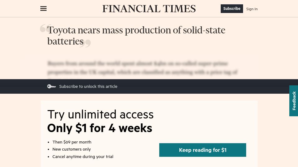 Screenshot of ft.com: Toyota nears mass production of solid-state batteries