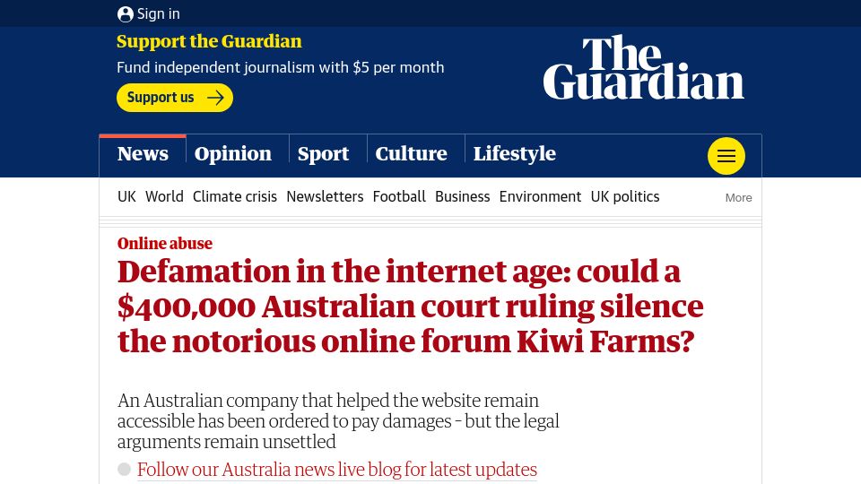 Screenshot of theguardian.com: Could a $400k Australian court ruling silence Kiwi Farms?