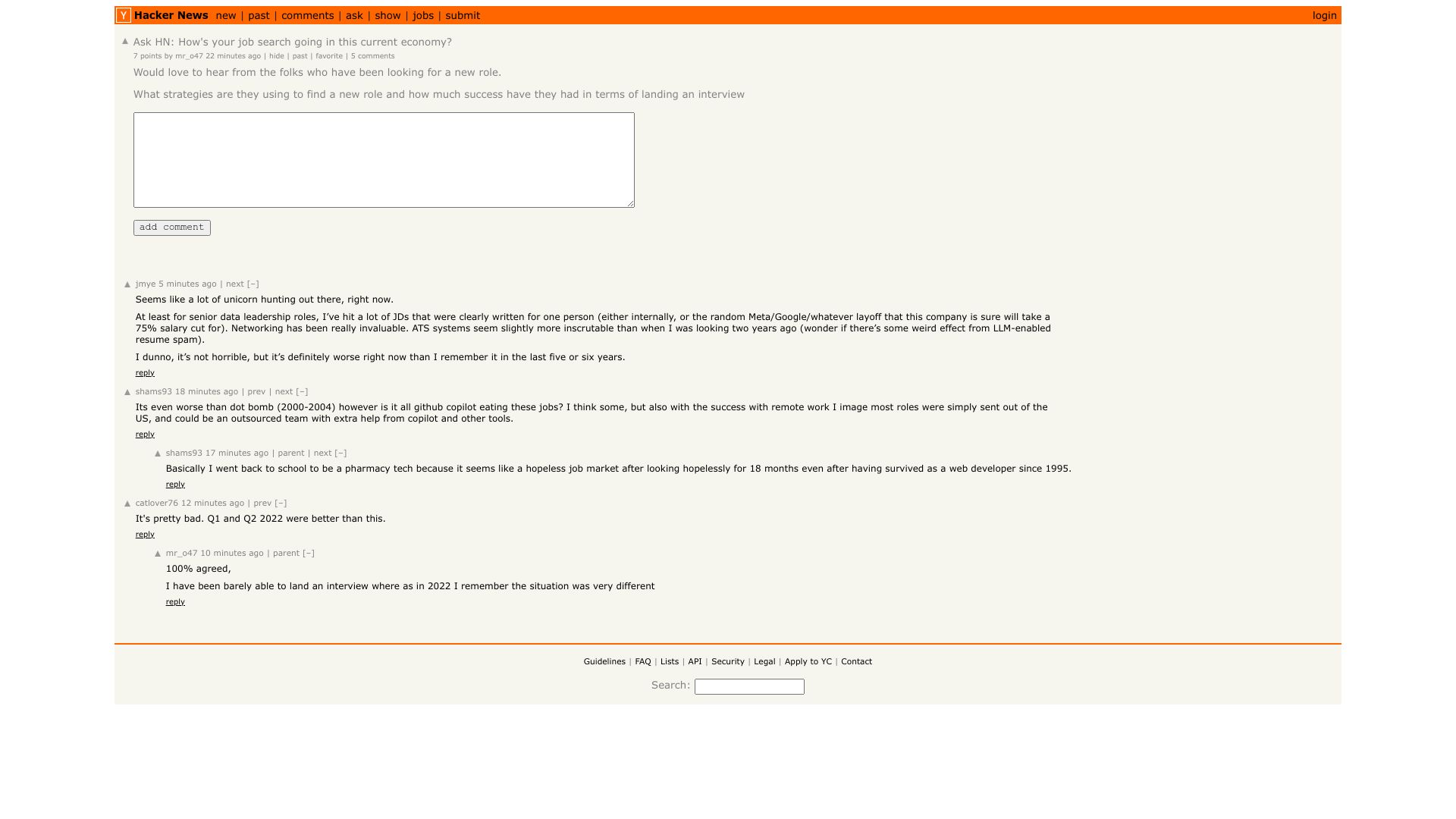 Screenshot of this Hacker News post: Ask HN: How's your job search going in this current economy?
