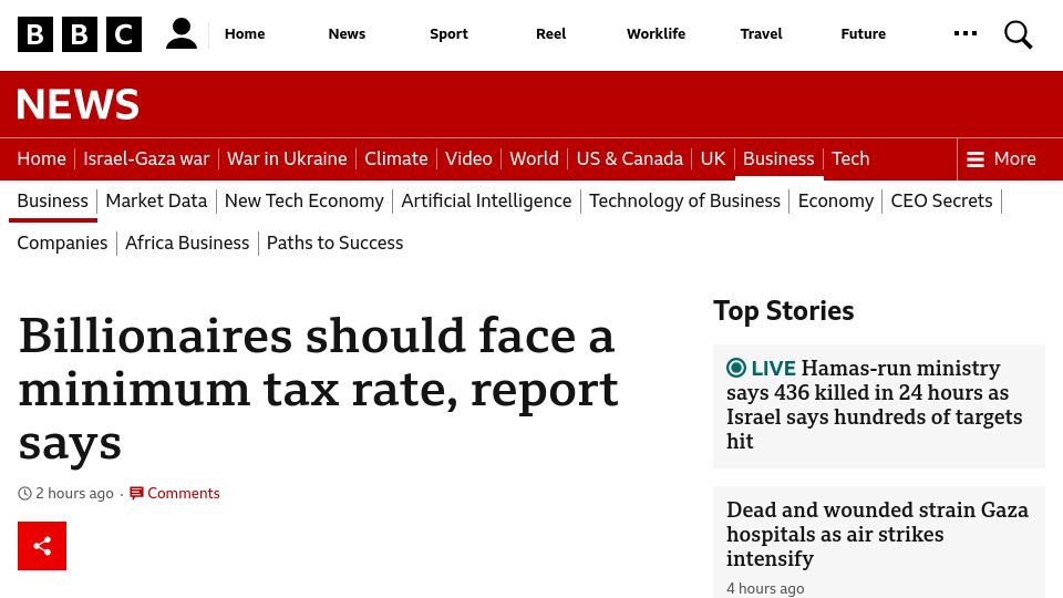 Screenshot of bbc.com: Billionaires should face a minimum tax rate, report says
