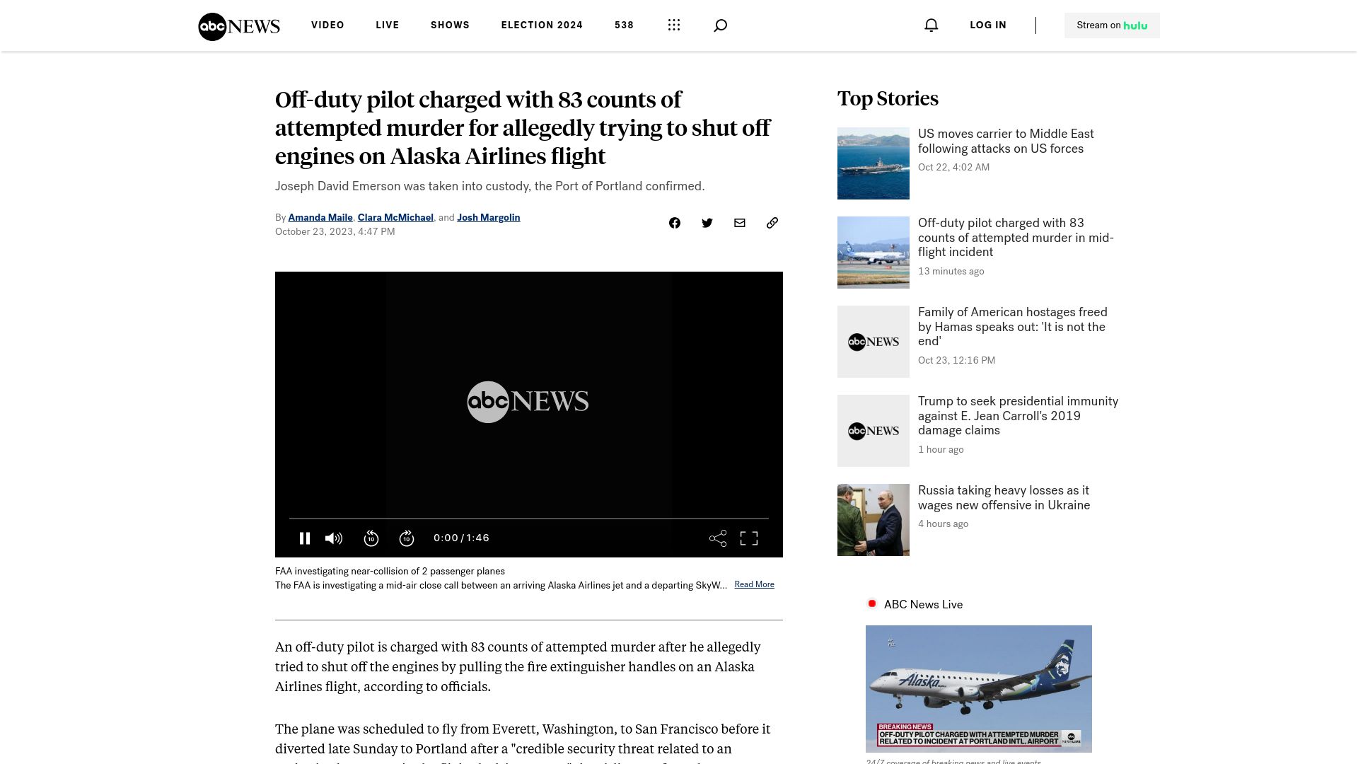 Screenshot of abcnews.go.com: Off-duty pilot charged with 83 counts of attempted murder after security threat