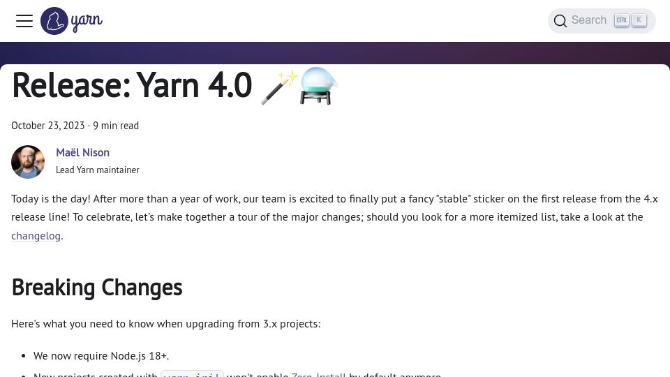Screenshot of yarnpkg.com: Yarn 4.0