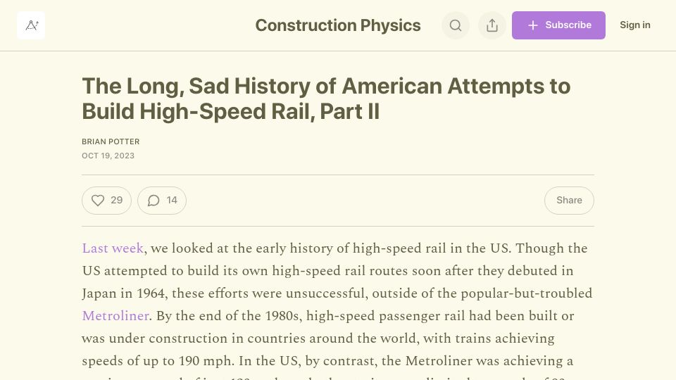 Screenshot of construction-physics.com: The Long, Sad History of American Attempts to Build High-Speed Rail, Part II