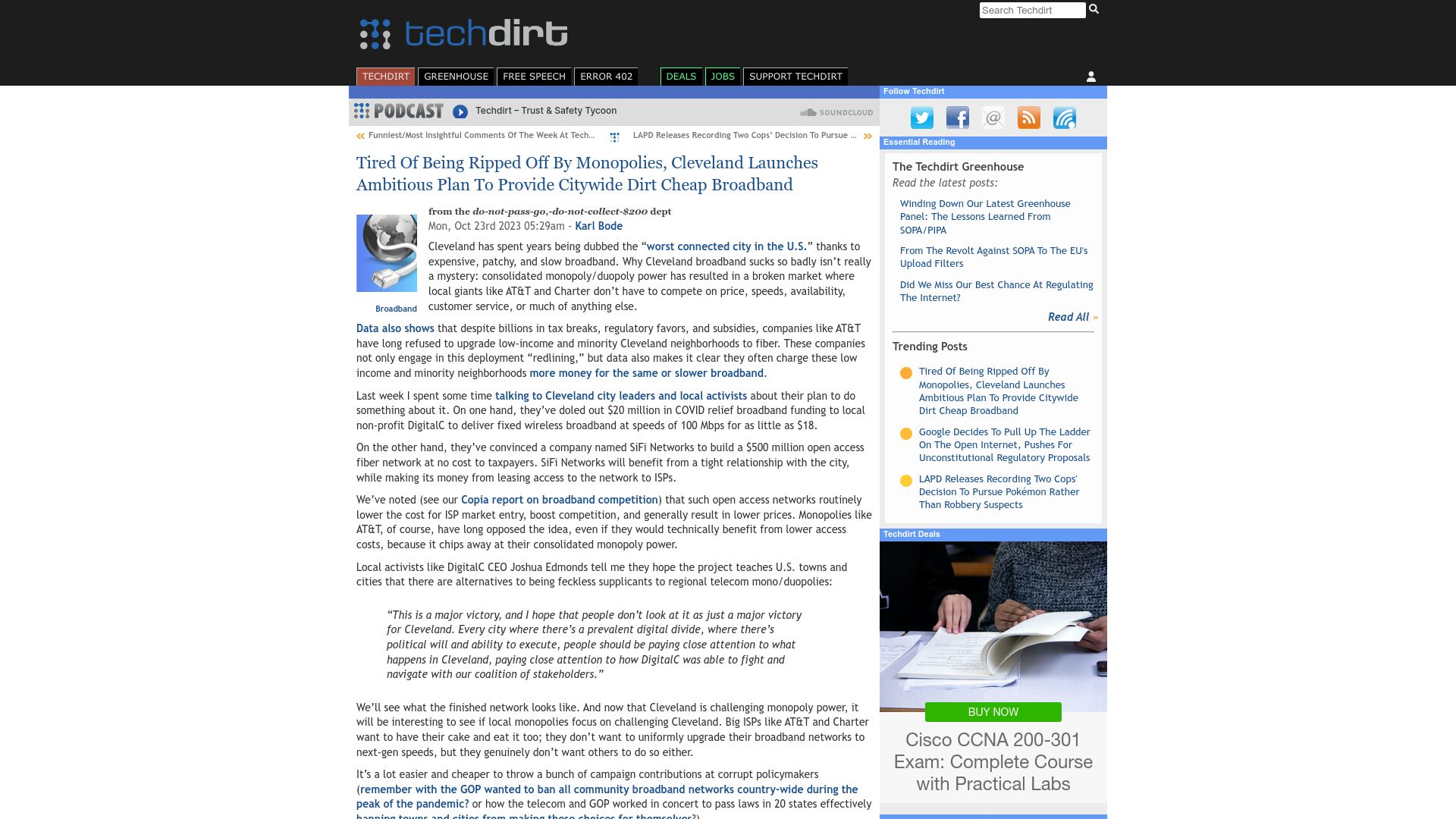 Screenshot of techdirt.com: Cleveland launches plan to provide cheap broadband