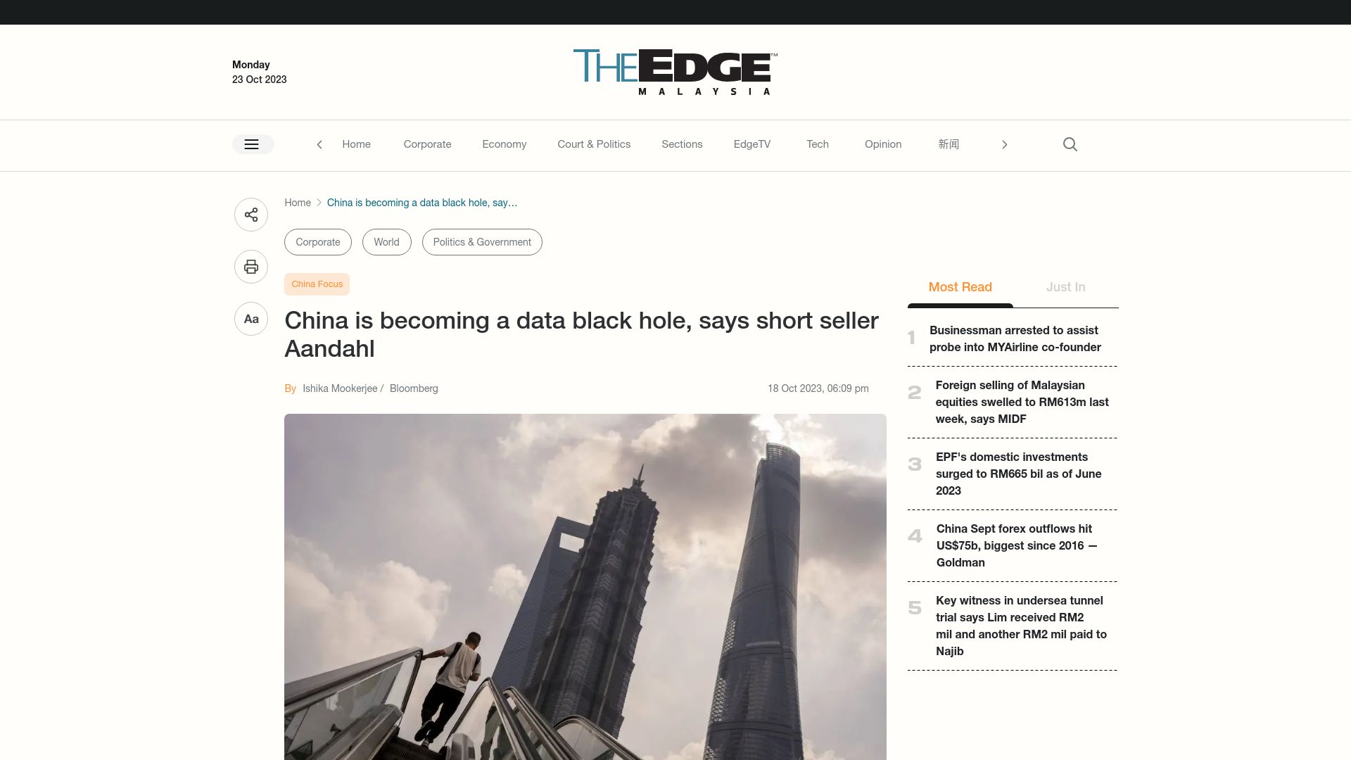 Screenshot of theedgemalaysia.com: China is becoming a data black hole, says short seller Aandahl