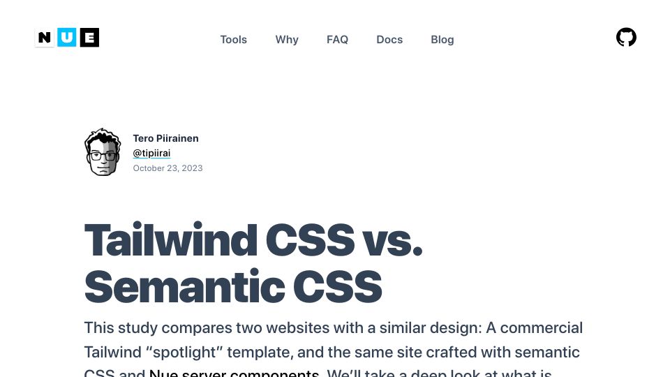 Screenshot of nuejs.org: Tailwind vs. Semantic CSS