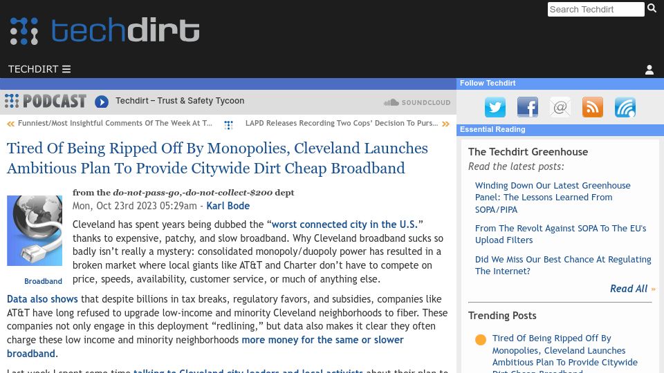 Screenshot of techdirt.com: Cleveland launches plan to provide cheap broadband