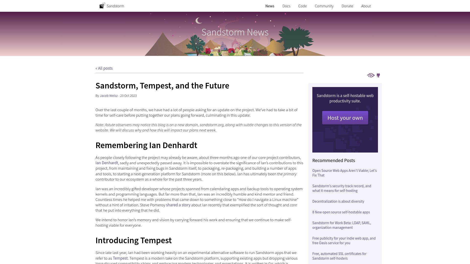 Screenshot of sandstorm.org: Sandstorm, Tempest, and the Future
