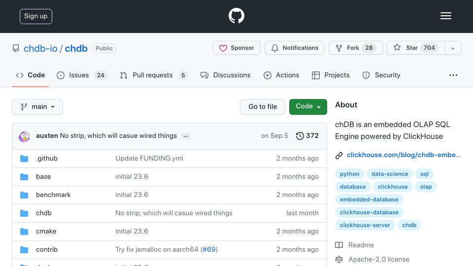 Screenshot of github.com: ChDB: Embedded OLAP SQL Engine Powered by ClickHouse